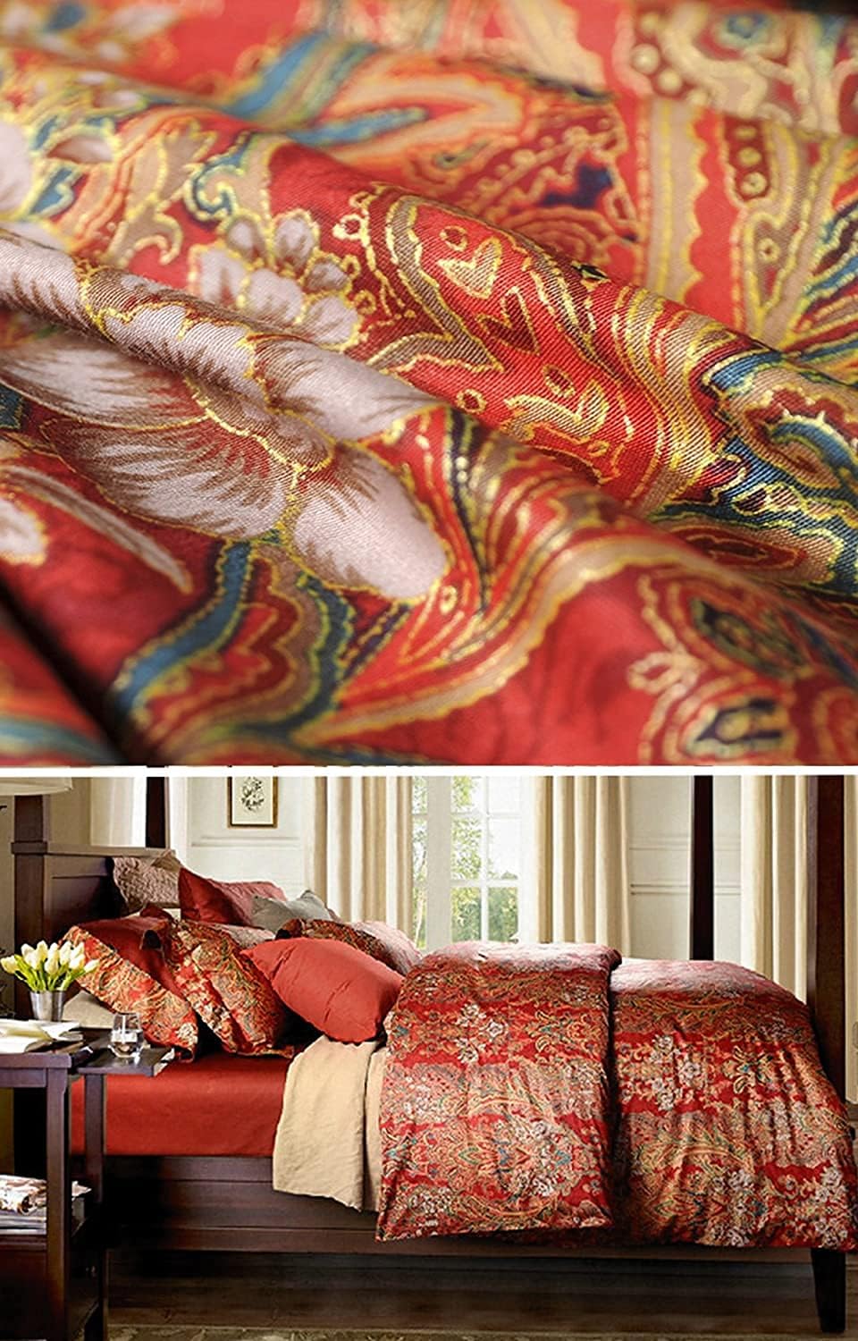 Eikei Bohemian Red Gold Paisley Duvet Cover Set Luxurious European Damask Medallion 400TC Egyptian Cotton