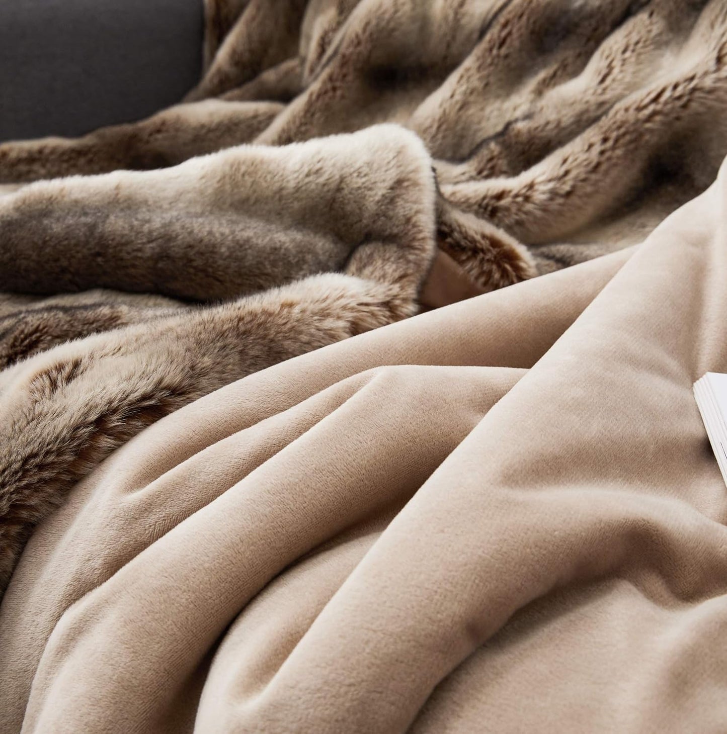 Reversible Chinchilla Faux Fur Throw Blanket Mocha Tan