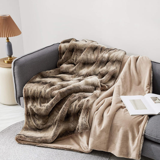 Reversible Chinchilla Faux Fur Throw Blanket Mocha Tan
