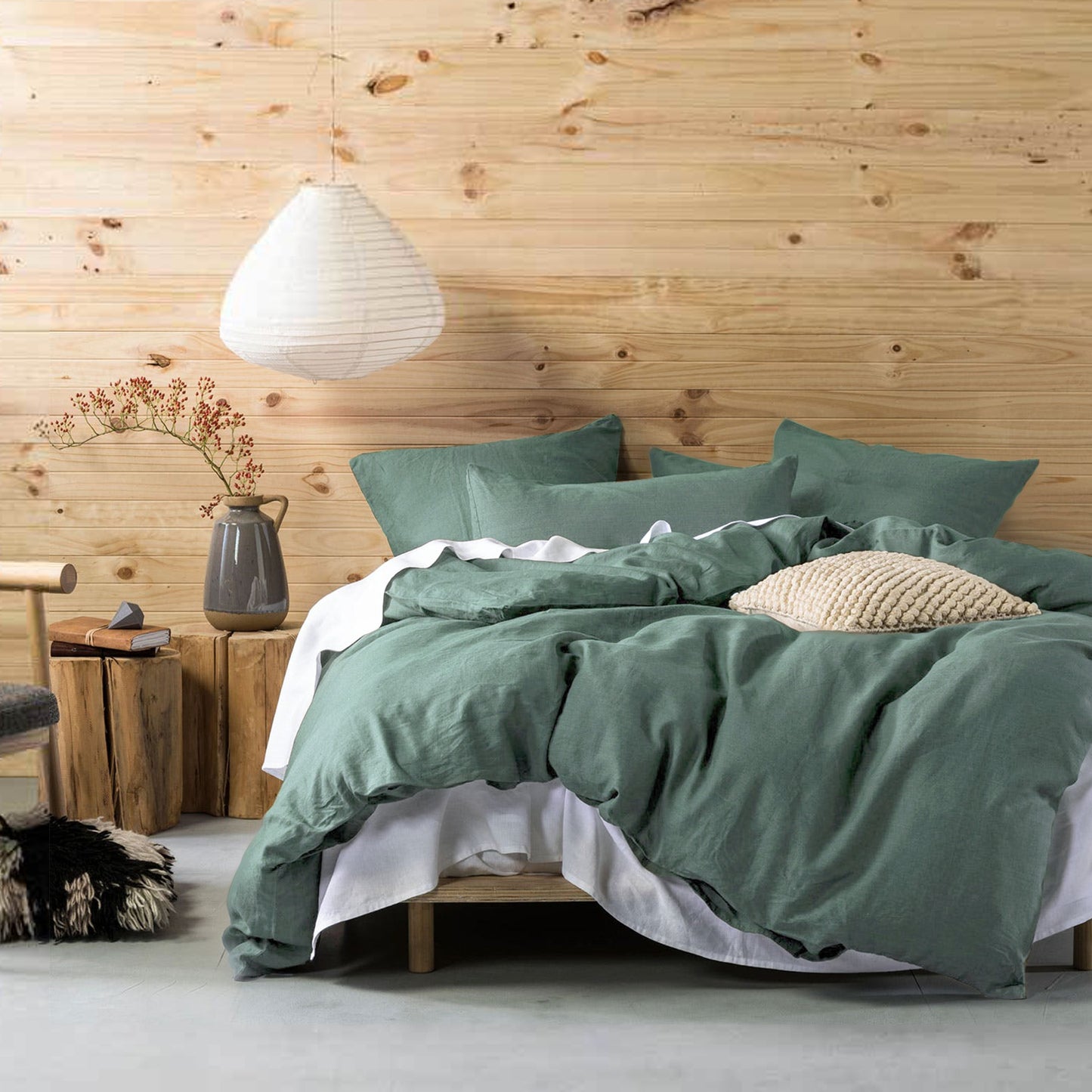 Washed Cotton Chambray Duvet Cover Modern Style Soft Feel Percale Bedding Set Pine