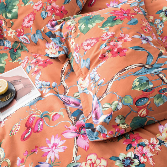 Eikei Botanical Garden Brushed Cotton Duvet Bedding Set Colorful Tropical Orange Floral Pattern