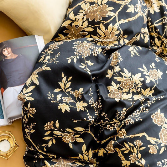 Eastern Floral Chinoiserie Print Duvet Cover Black and Gold Oriental Blossom Bedding Set