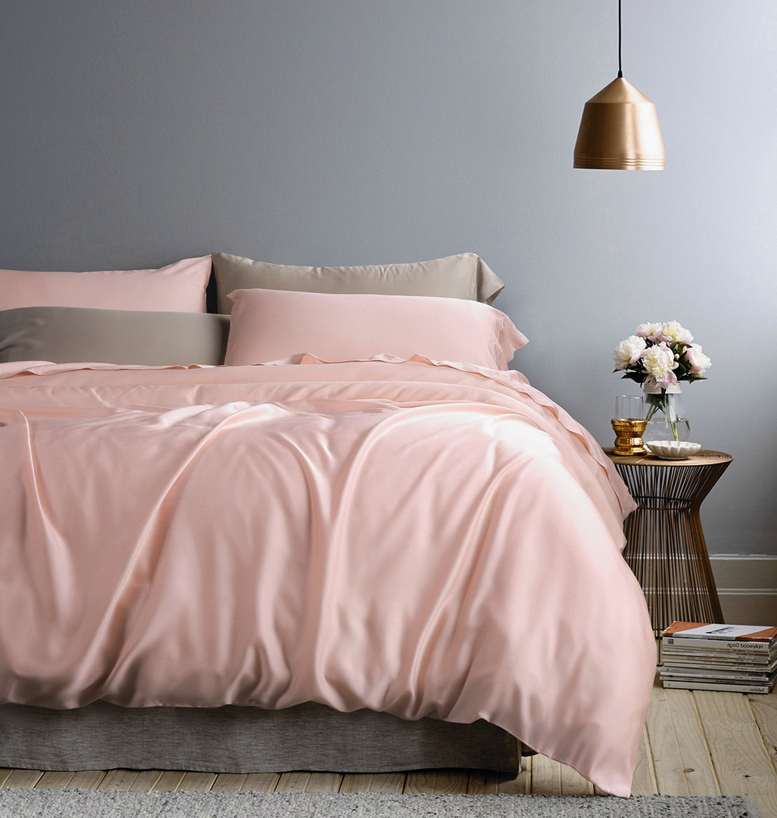 Solid Color Egyptian Cotton Luxury Bedding Set 400TC Long Staple Pima Sateen Weave in Rose Gold