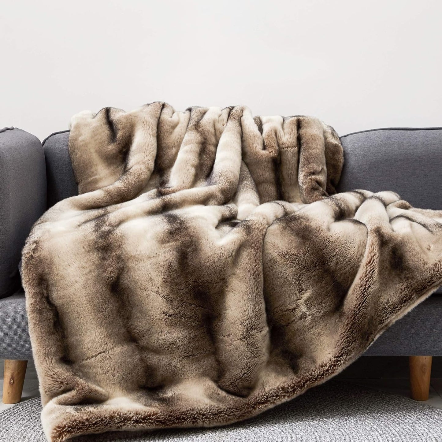 Reversible Chinchilla Faux Fur Throw Blanket Mocha Tan