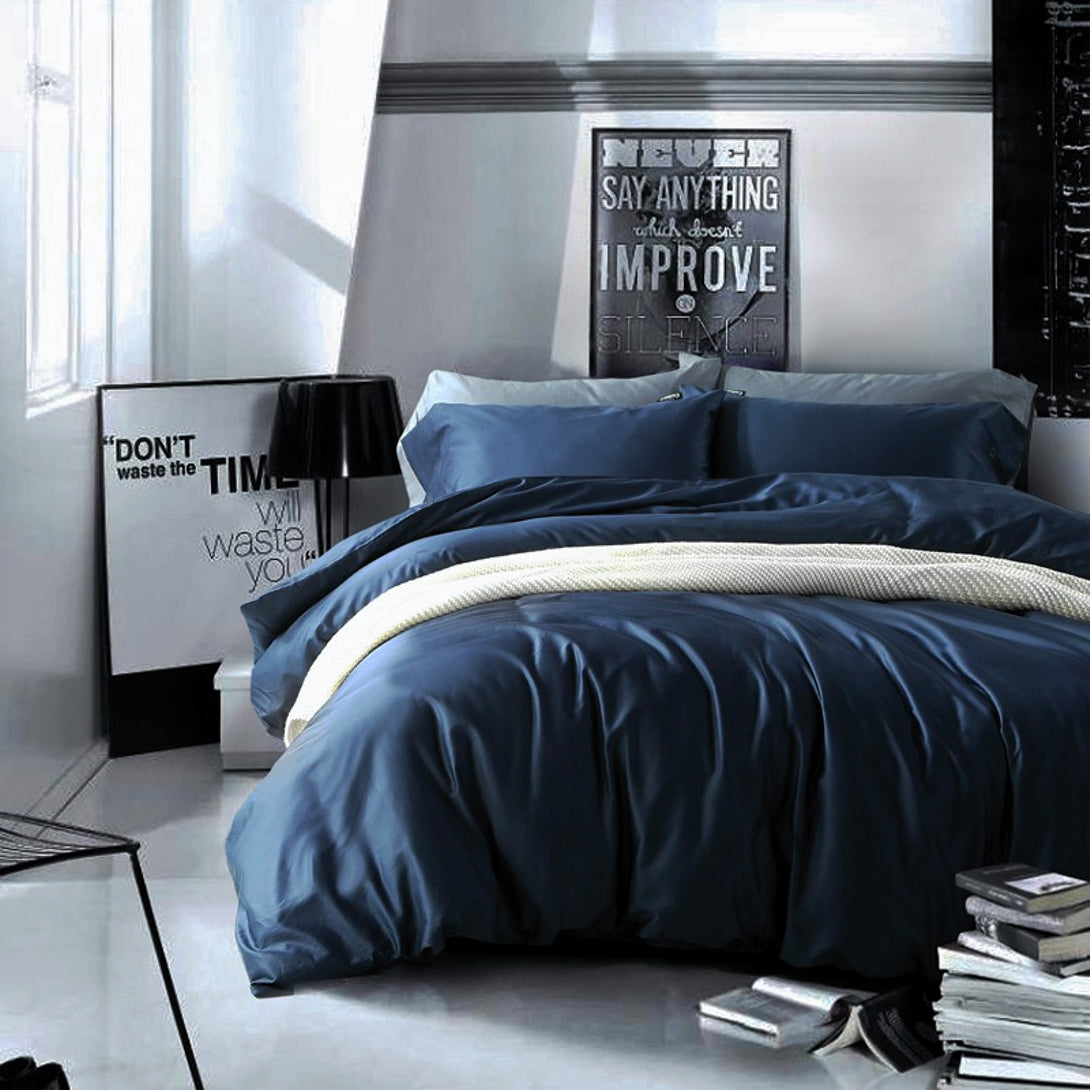 Eikei Solid Color Egyptian Cotton Luxury Bedding Duvet Set in Navy Blue