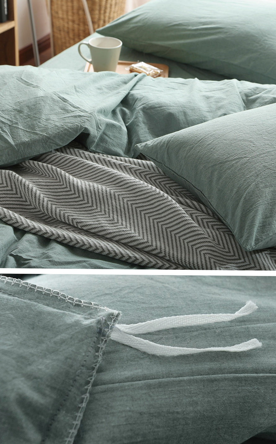 Washed Cotton Chambray Duvet Cover Modern Style Soft Feel Percale Bedding Set Pine