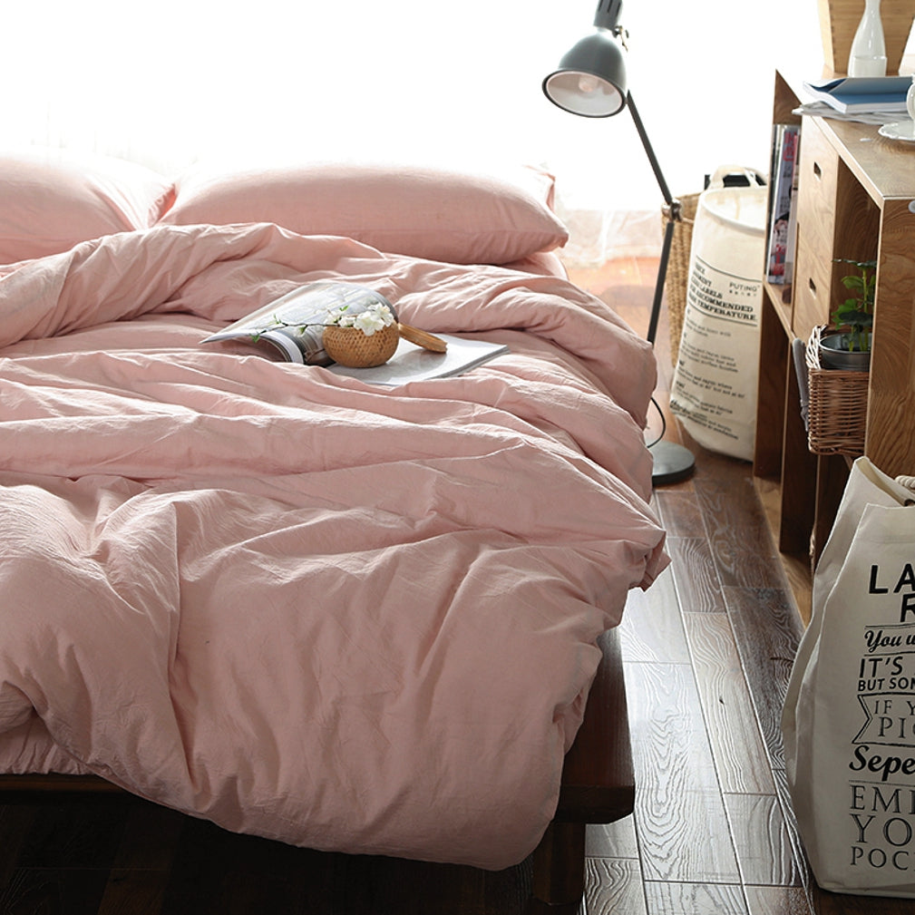 Washed Cotton Chambray Duvet Cover Modern Style Soft Feel Percale Bedding Set Rose Dust