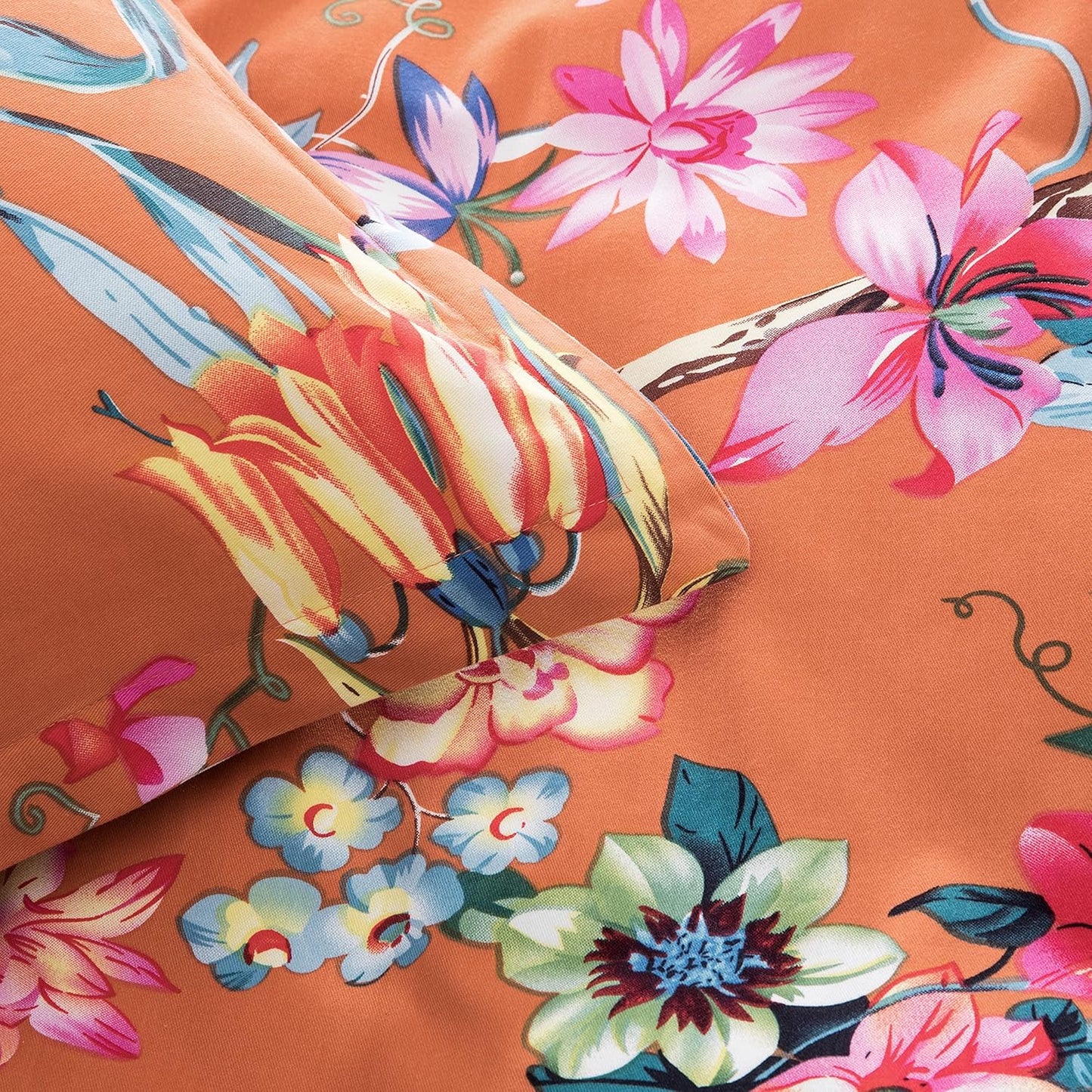 Eikei Botanical Garden Brushed Cotton Duvet Bedding Set Colorful Tropical Orange Floral Pattern