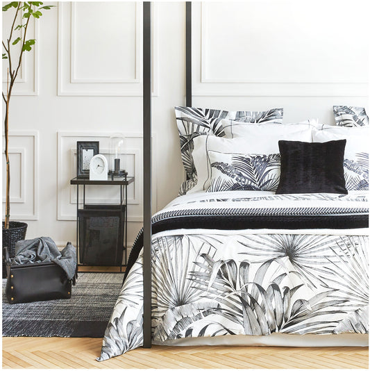 Vintage Retro Mod Mid Century Modern Tropical Print Duvet Cover Set Palm Leaves Black and White