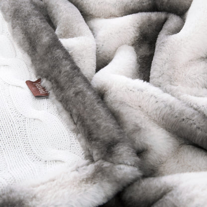 Cable Knit Reversible Faux Fur Throw Blanket in White