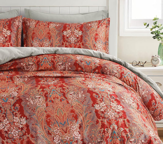 Eikei Bohemian Red Gold Paisley Duvet Cover Set Luxurious European Damask Medallion 400TC Egyptian Cotton