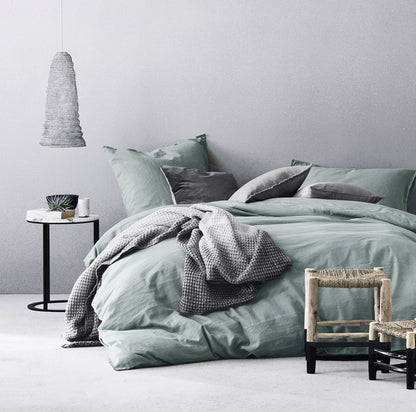 Washed Cotton Chambray Duvet Cover Modern Style Soft Feel Percale Bedding Set Eucalyptus Mint