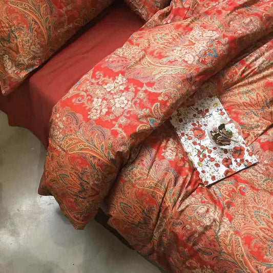 Eikei Bohemian Red Gold Paisley Duvet Cover Set Luxurious European Damask Medallion 400TC Egyptian Cotton
