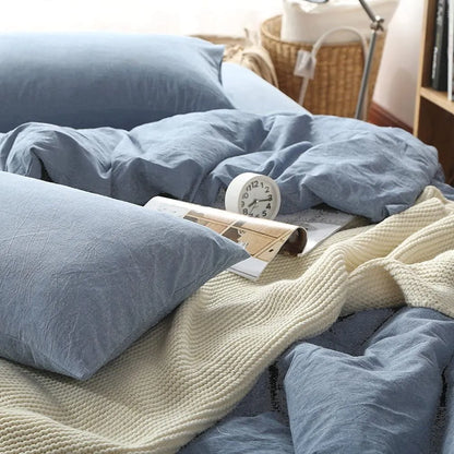 Eikei Washed Cotton Chambray Duvet Cover Soft Feel Percale Bedding Set Denim Blue