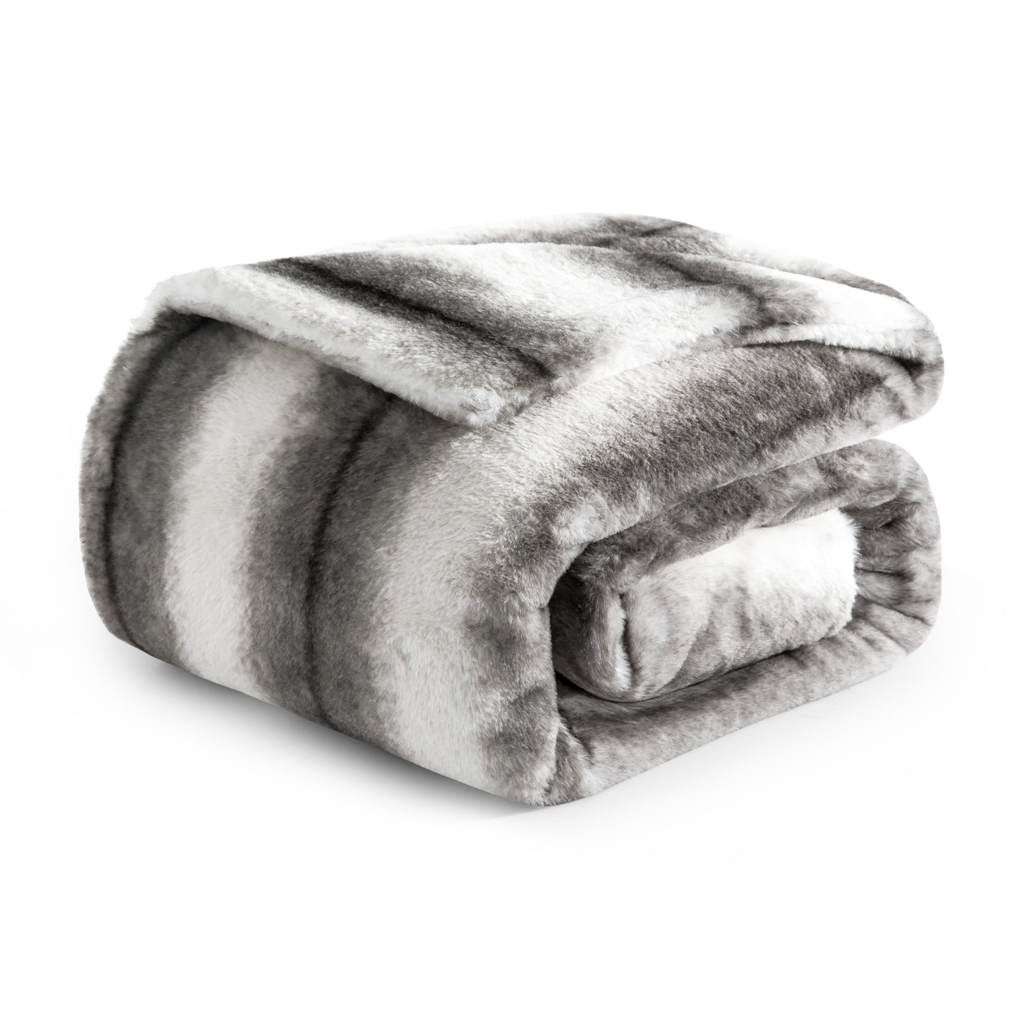 Double Sided Faux Fur Throw Blanket Silky Soft Grey Chinchilla Stripe