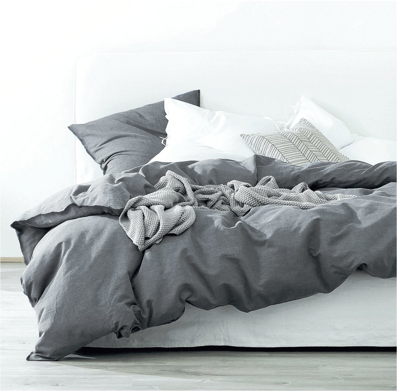 Washed Cotton Chambray Duvet Cover Modern Style Soft Feel Percale Bedding Set Charcoal