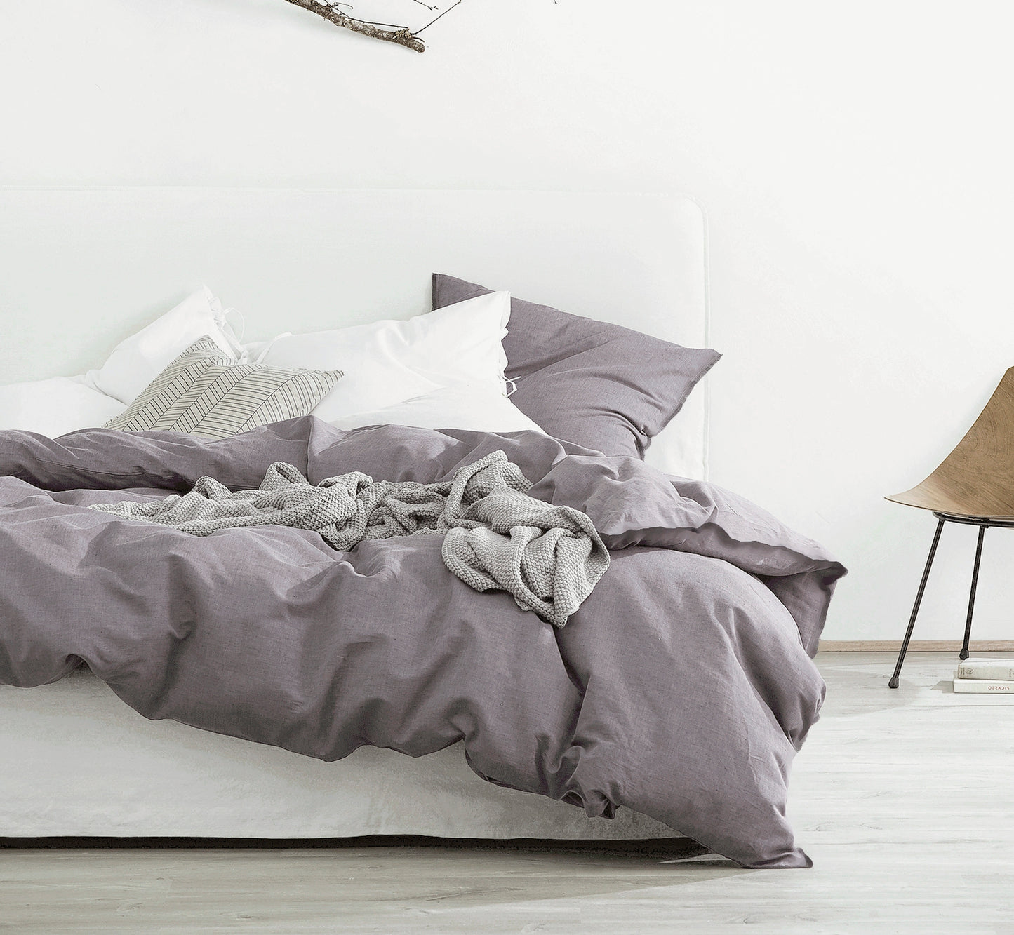 Washed Cotton Chambray Duvet Cover Modern Style Soft Feel Percale Bedding Set Dusty Grape