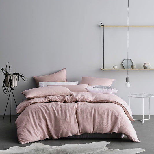 Washed Cotton Chambray Duvet Cover Modern Style Soft Feel Percale Bedding Set Rose Dust