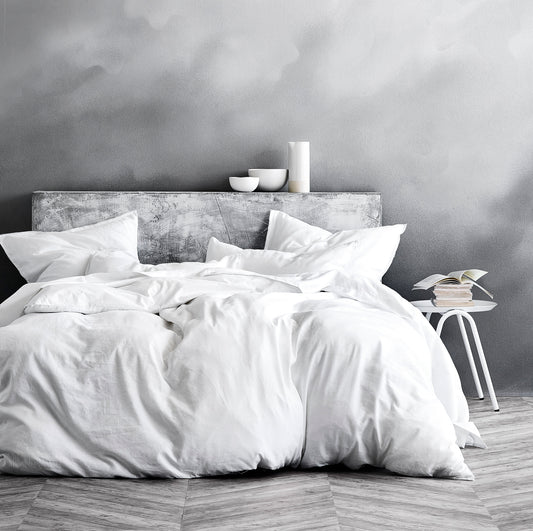 Washed Cotton Chambray Duvet Cover Modern Style Soft Feel Percale Bedding Set White