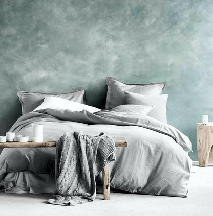 Washed Cotton Chambray Duvet Cover Modern Style Soft Feel Percale Bedding Set Ice Grey