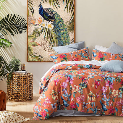 Eikei Botanical Garden Brushed Cotton Duvet Bedding Set Colorful Tropical Orange Floral Pattern