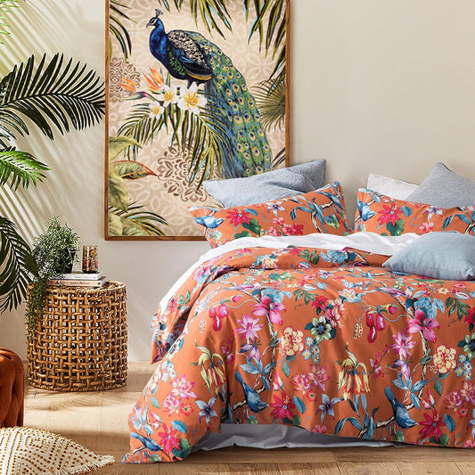 Eikei Botanical Garden Brushed Cotton Duvet Bedding Set Colorful Tropical Orange Floral Pattern