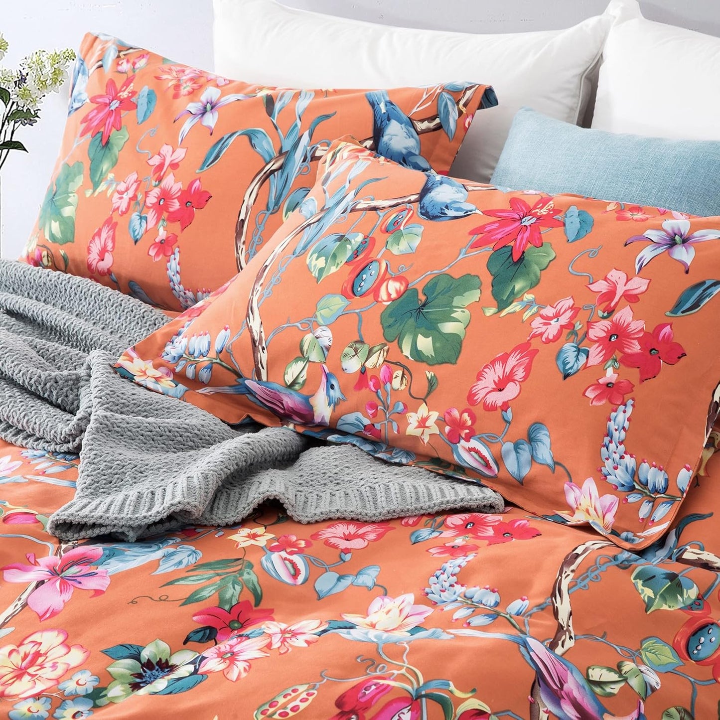 Eikei Botanical Garden Brushed Cotton Duvet Bedding Set Colorful Tropical Orange Floral Pattern
