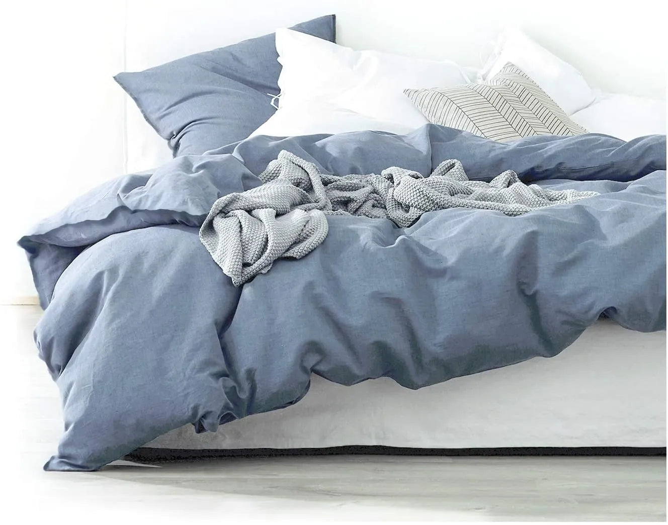 Eikei Washed Cotton Chambray Duvet Cover Soft Feel Percale Bedding Set Denim Blue