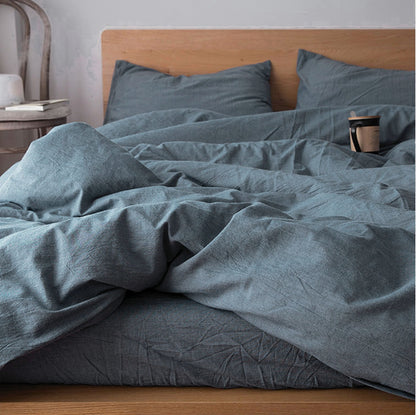 Washed Cotton Chambray Duvet Cover Modern Style Soft Feel Percale Bedding Set Navy Blue