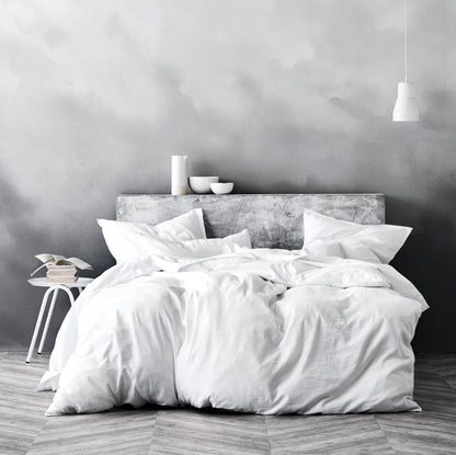 Washed Cotton Chambray Duvet Cover Modern Style Soft Feel Percale Bedding Set White