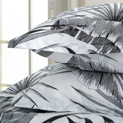 Vintage Retro Mod Mid Century Modern Tropical Print Duvet Cover Set Palm Leaves Black and White